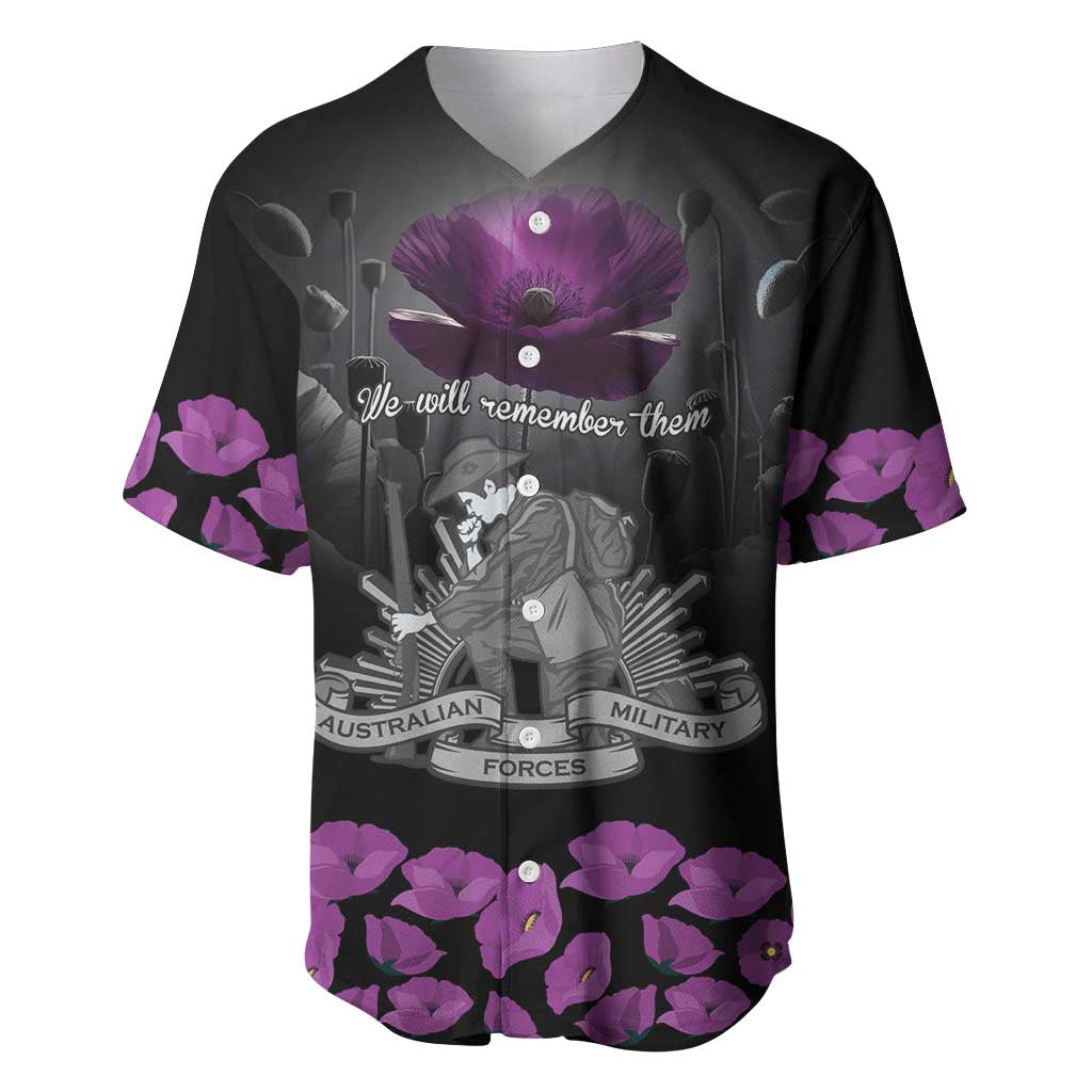 ANZAC Day Remembrance Baseball Jersey Purple Poppy We Will Remember Them