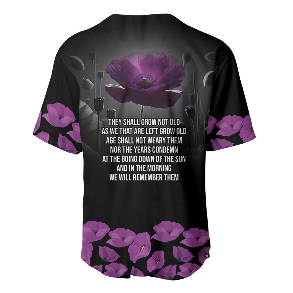 ANZAC Day Remembrance Baseball Jersey Purple Poppy We Will Remember Them
