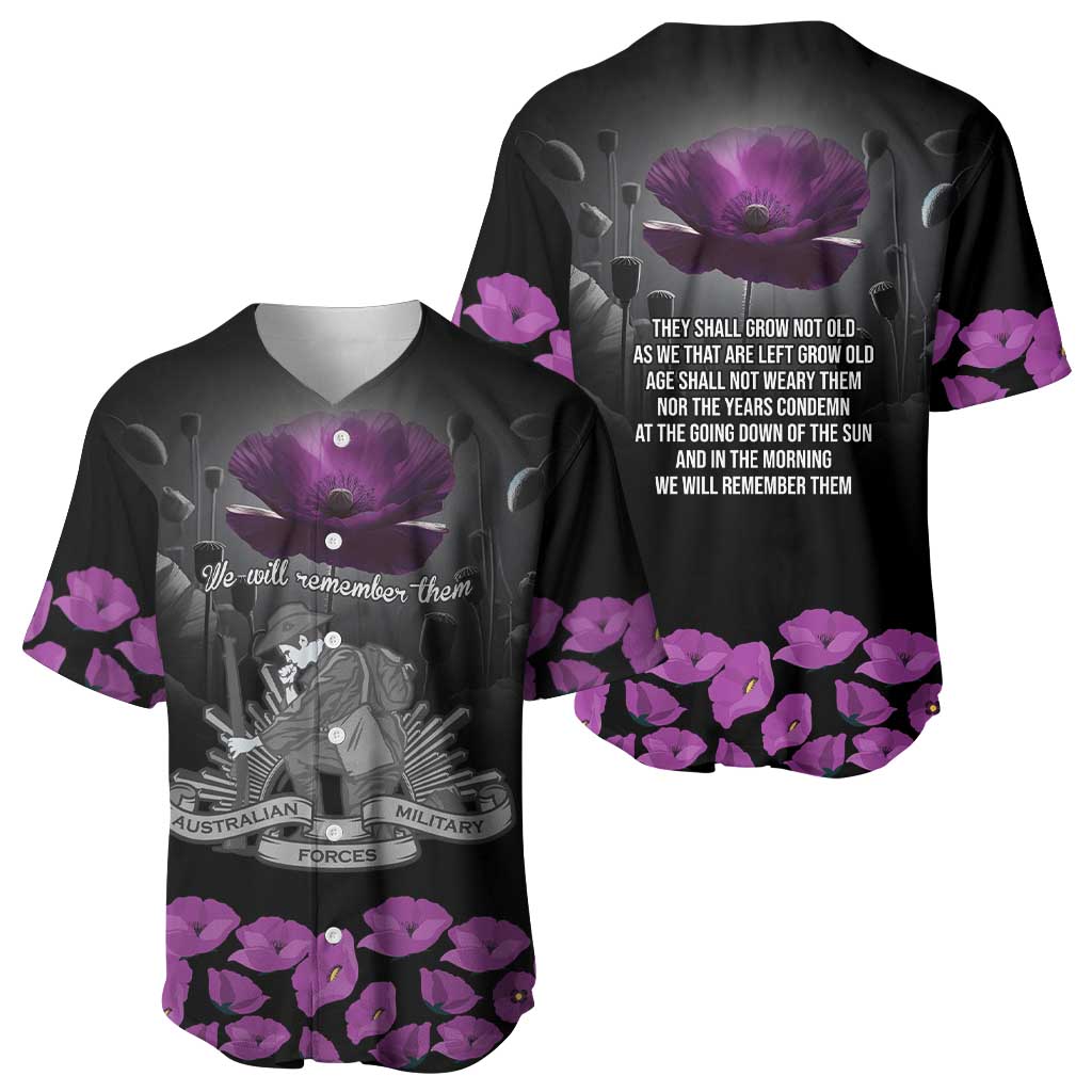 ANZAC Day Remembrance Baseball Jersey Purple Poppy We Will Remember Them