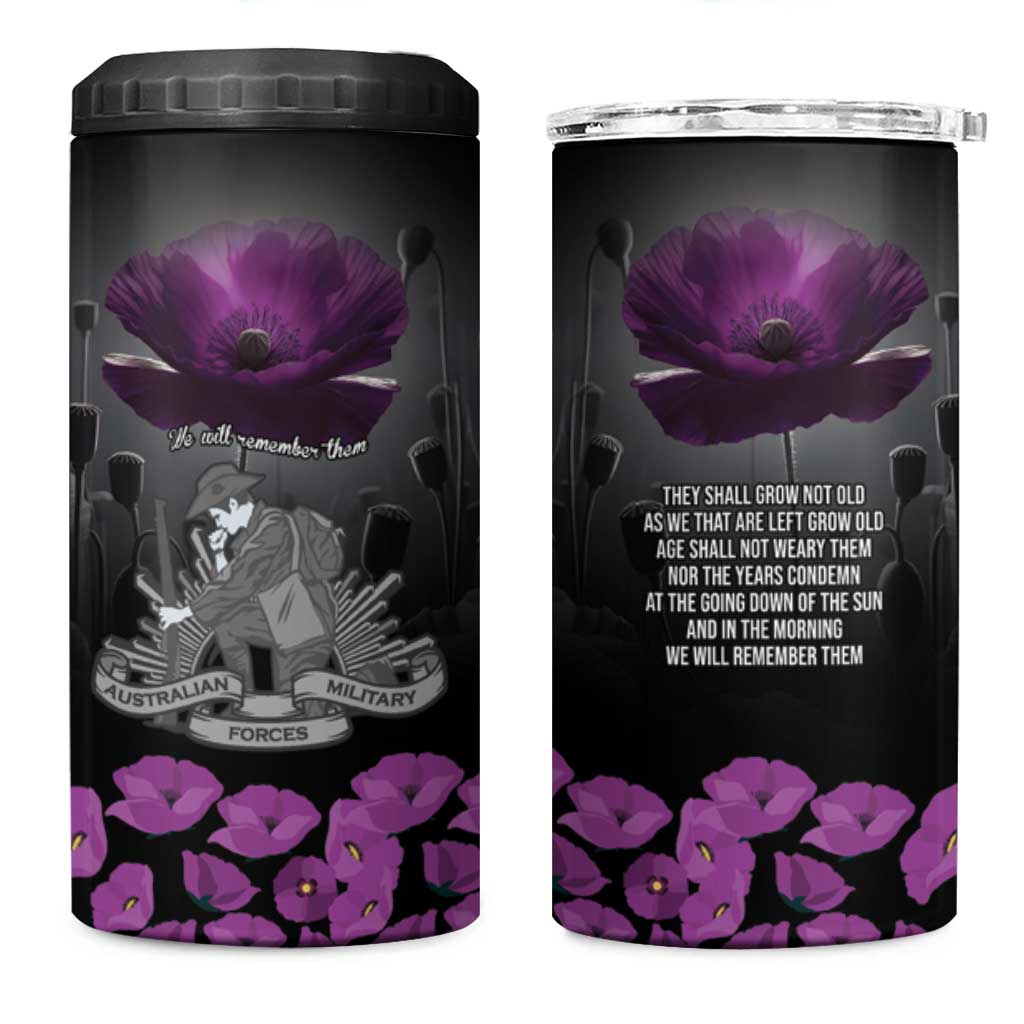 ANZAC Day Remembrance 4 in 1 Can Cooler Tumbler Purple Poppy We Will Remember Them