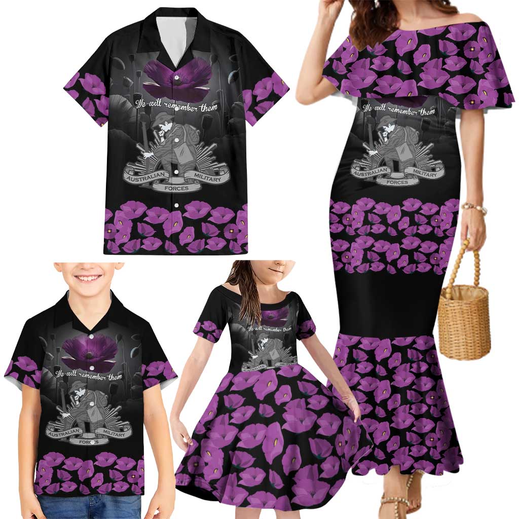 ANZAC Day Remembrance Family Matching Mermaid Dress and Hawaiian Shirt Purple Poppy We Will Remember Them