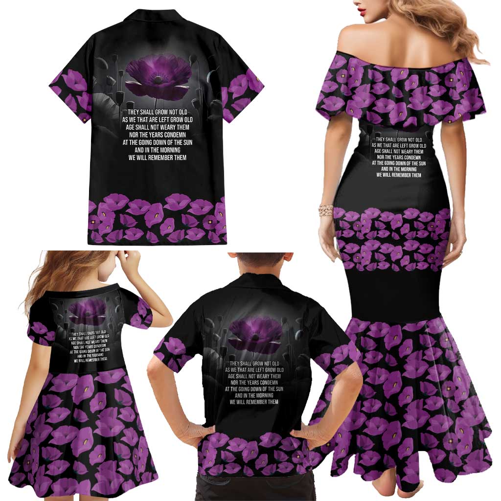 ANZAC Day Remembrance Family Matching Mermaid Dress and Hawaiian Shirt Purple Poppy We Will Remember Them