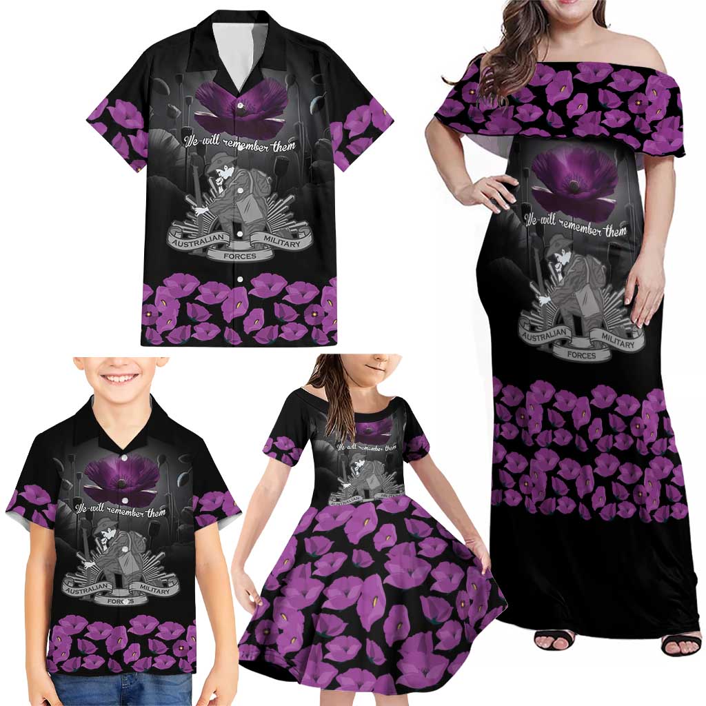 ANZAC Day Remembrance Family Matching Off Shoulder Maxi Dress and Hawaiian Shirt Purple Poppy We Will Remember Them