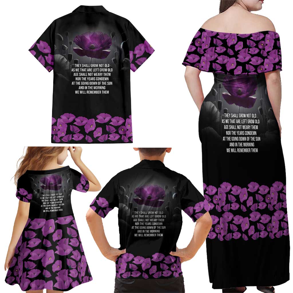 ANZAC Day Remembrance Family Matching Off Shoulder Maxi Dress and Hawaiian Shirt Purple Poppy We Will Remember Them