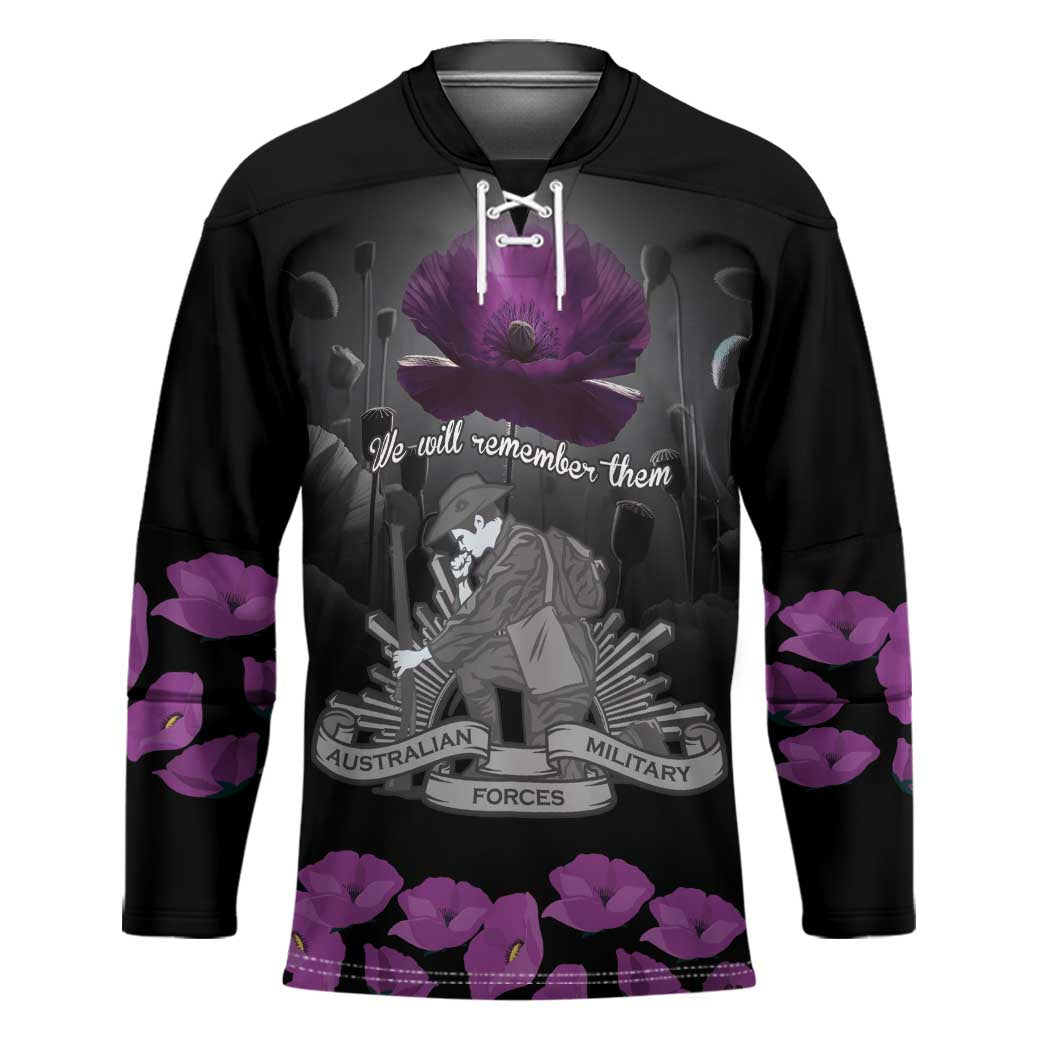 ANZAC Day Remembrance Hockey Jersey Purple Poppy We Will Remember Them