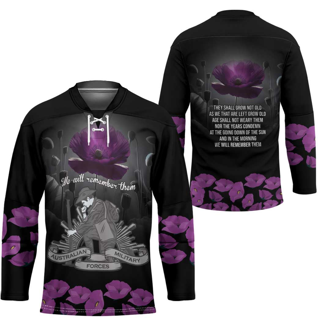 ANZAC Day Remembrance Hockey Jersey Purple Poppy We Will Remember Them