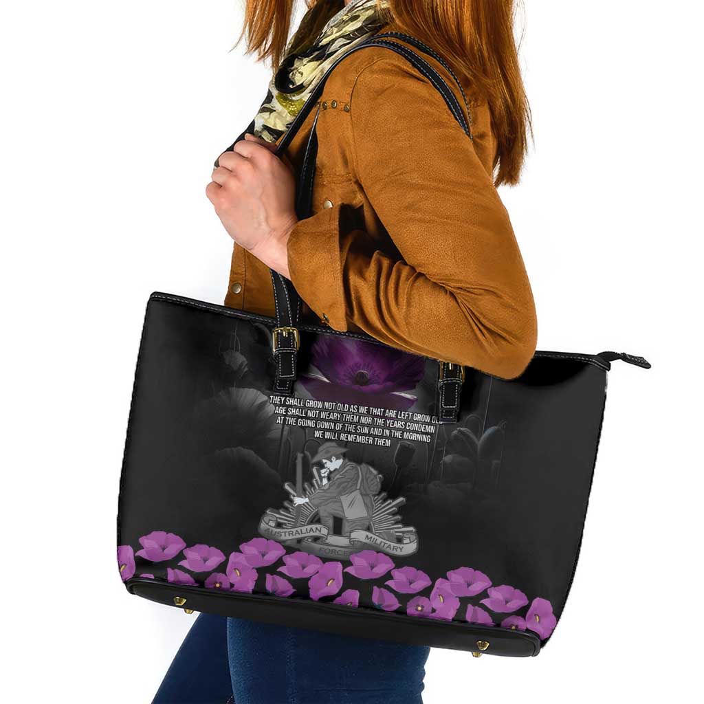 ANZAC Day Remembrance Leather Tote Bag Purple Poppy We Will Remember Them