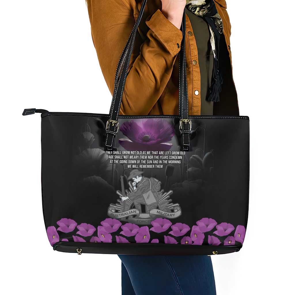 ANZAC Day Remembrance Leather Tote Bag Purple Poppy We Will Remember Them