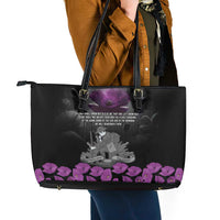 ANZAC Day Remembrance Leather Tote Bag Purple Poppy We Will Remember Them