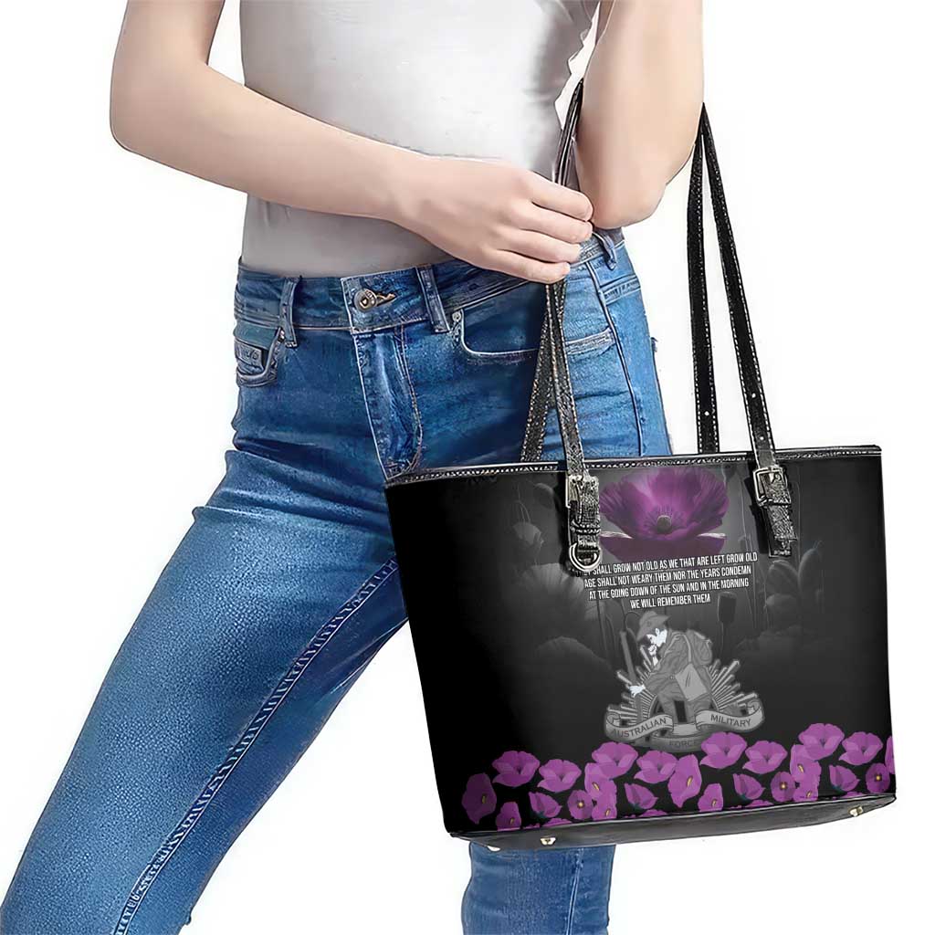 ANZAC Day Remembrance Leather Tote Bag Purple Poppy We Will Remember Them