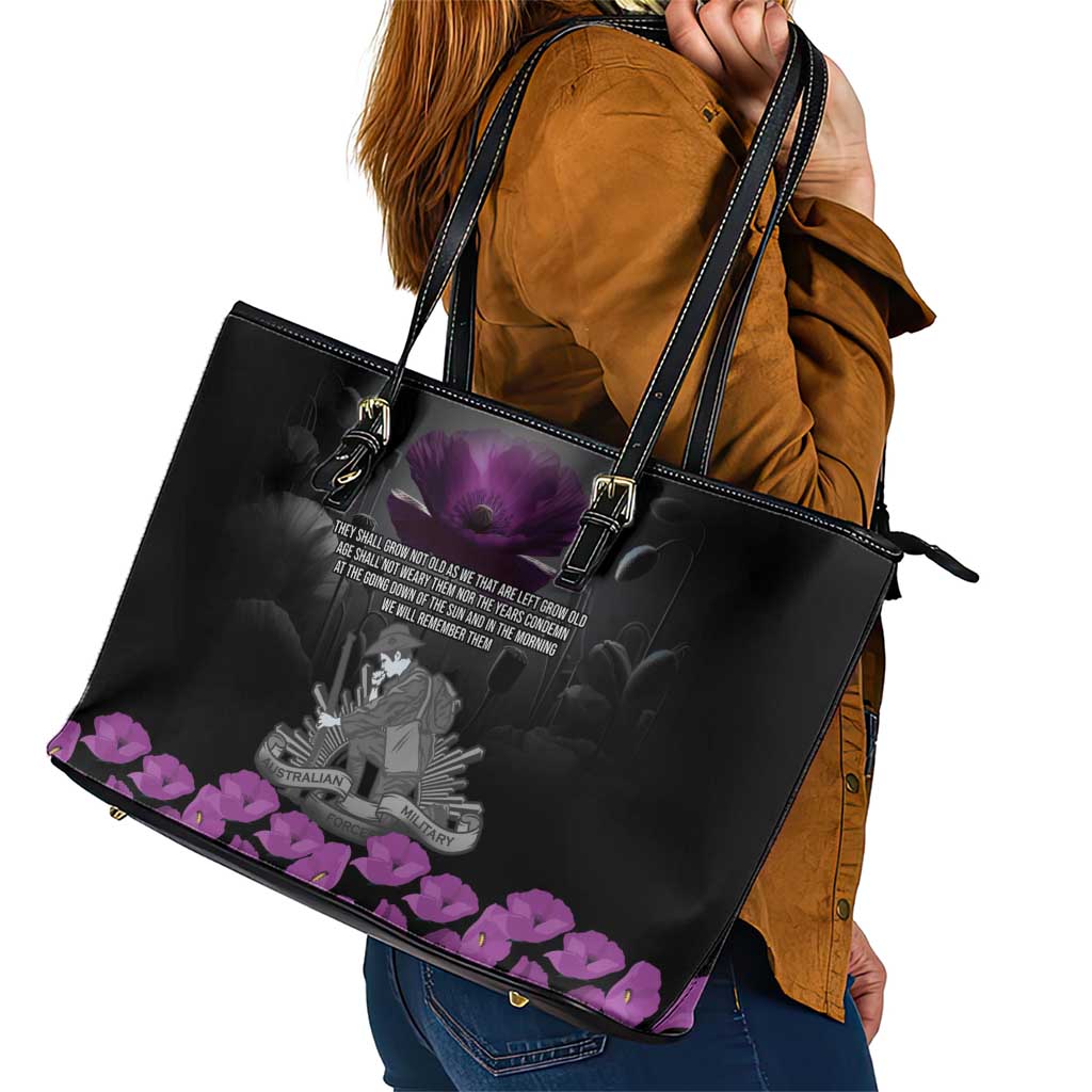 ANZAC Day Remembrance Leather Tote Bag Purple Poppy We Will Remember Them