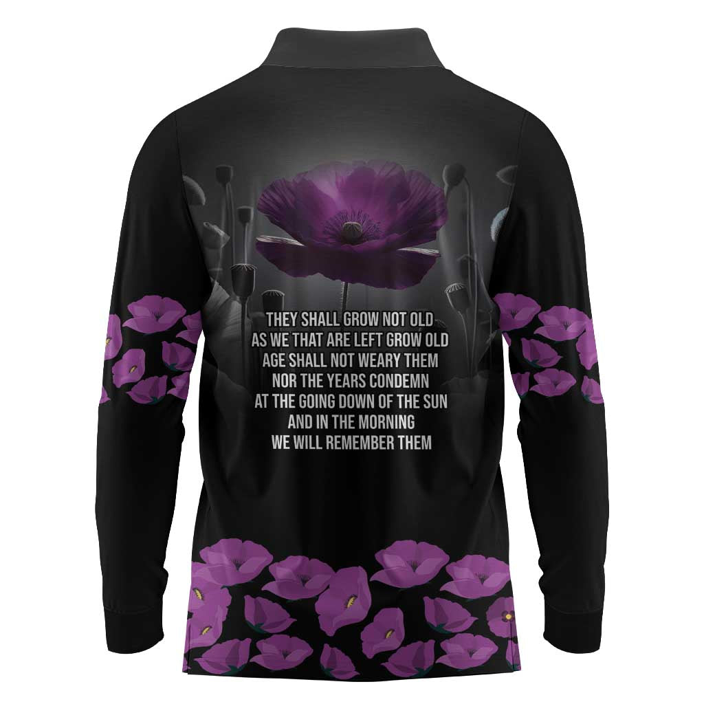 ANZAC Day Remembrance Long Sleeve Polo Shirt Purple Poppy We Will Remember Them LT9 - Polynesian Pride