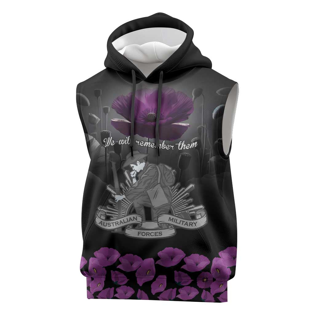 ANZAC Day Remembrance Sleeveless Hoodie Purple Poppy We Will Remember Them