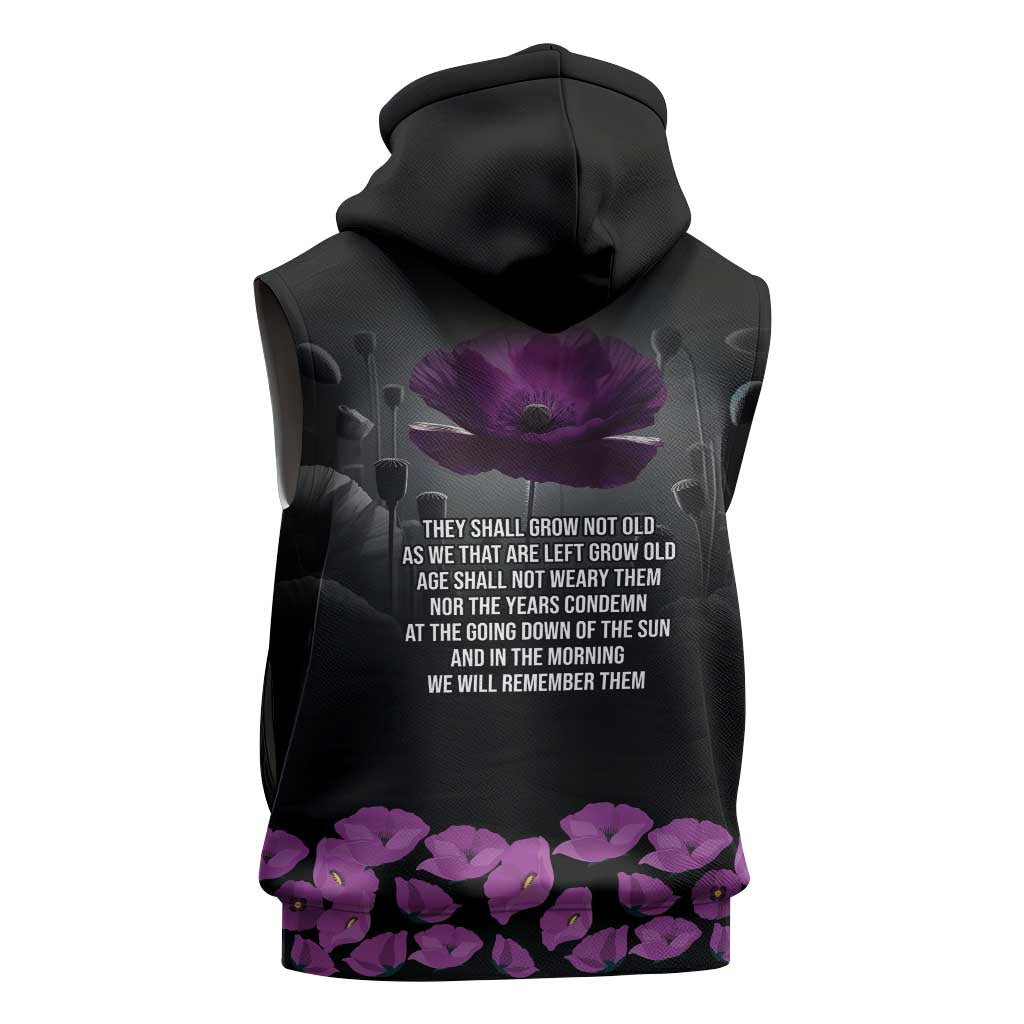 ANZAC Day Remembrance Sleeveless Hoodie Purple Poppy We Will Remember Them