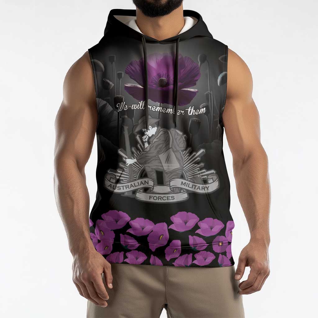 ANZAC Day Remembrance Sleeveless Hoodie Purple Poppy We Will Remember Them