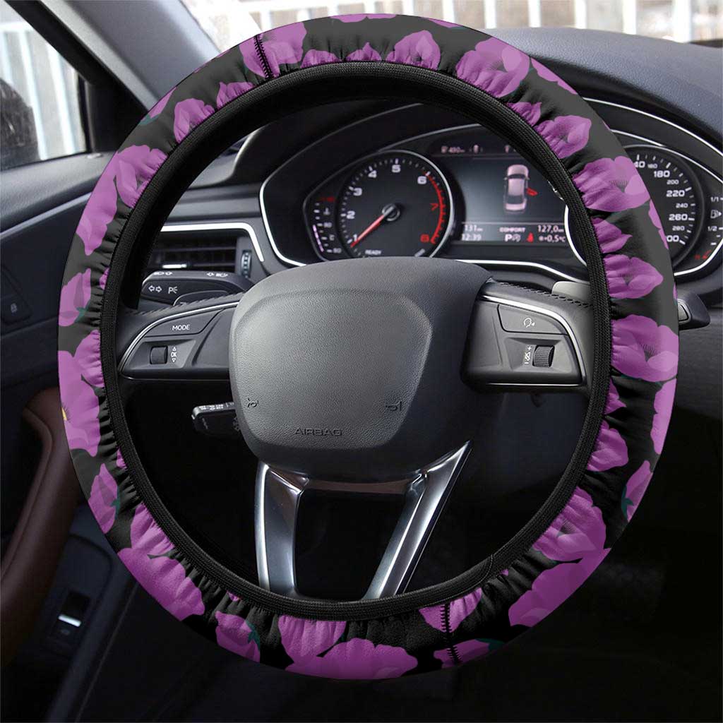 ANZAC Day Remembrance Steering Wheel Cover Purple Poppy We Will Remember Them