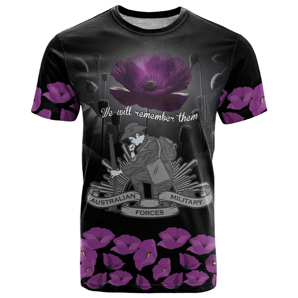 ANZAC Day Remembrance T Shirt Purple Poppy We Will Remember Them