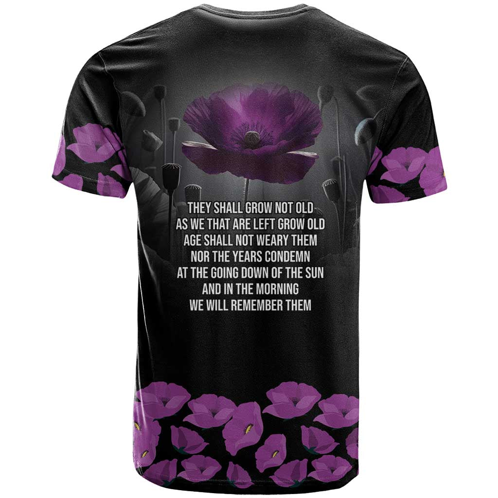 ANZAC Day Remembrance T Shirt Purple Poppy We Will Remember Them