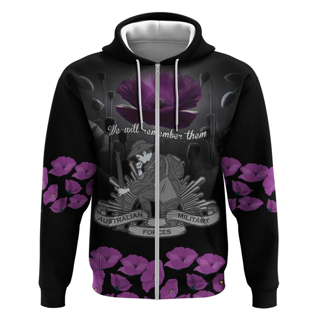 ANZAC Day Remembrance Zip Hoodie Purple Poppy We Will Remember Them LT9 Zip Hoodie Purple - Polynesian Pride