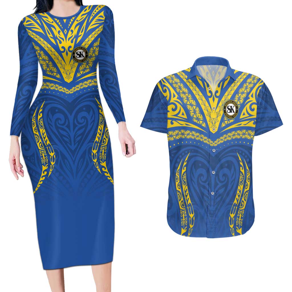 Custom Oceania Football Solomon Kings Couples Matching Long Sleeve Bodycon Dress and Hawaiian Shirt Polynesian Tribal Pattern