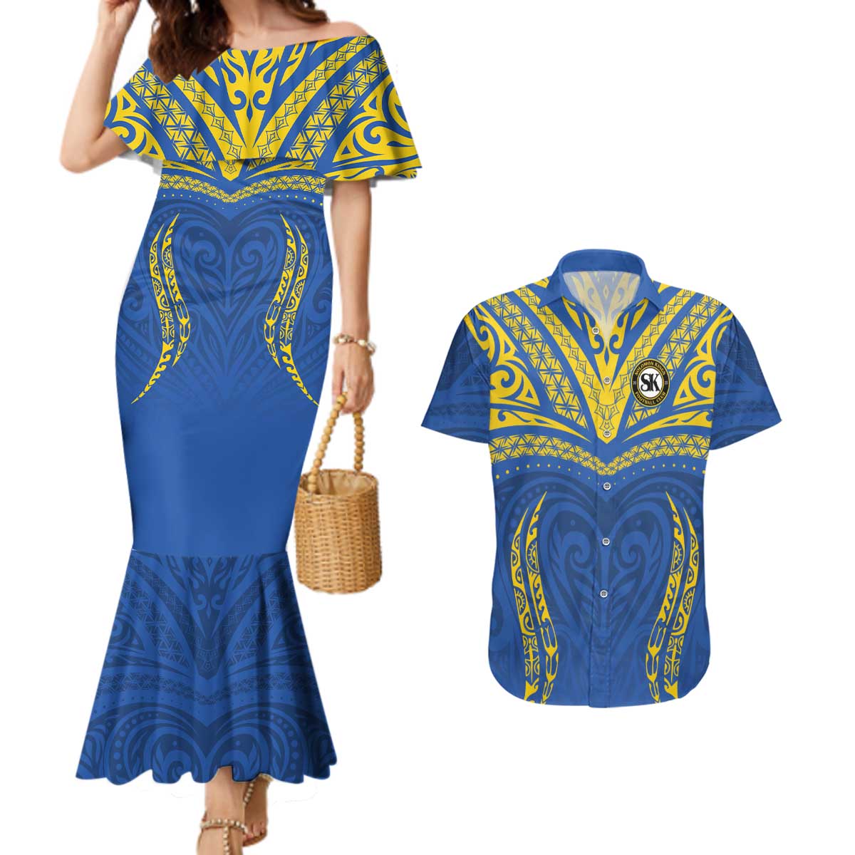 Custom Oceania Football Solomon Kings Couples Matching Mermaid Dress and Hawaiian Shirt Polynesian Tribal Pattern