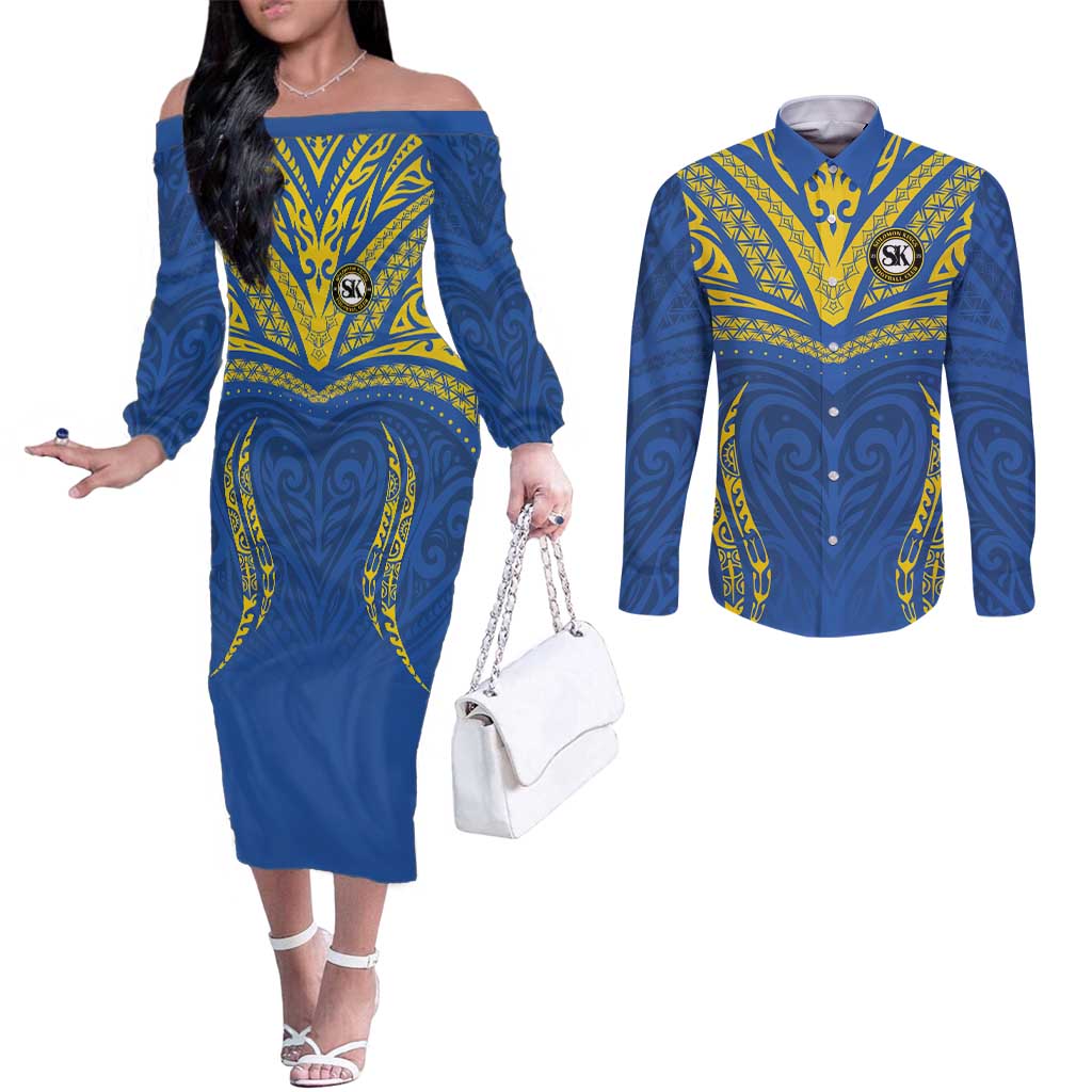 Custom Oceania Football Solomon Kings Couples Matching Off The Shoulder Long Sleeve Dress and Long Sleeve Button Shirt Polynesian Tribal Pattern