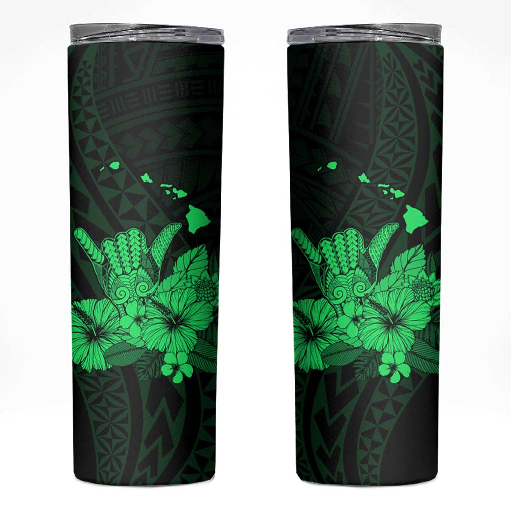 Green Hawaiian Hibiscus Shaka Sign Skinny Tumbler
