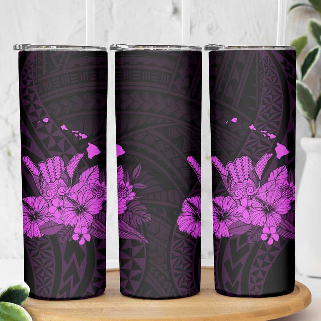 Purple Hawaiian Hibiscus Shaka Sign Skinny Tumbler