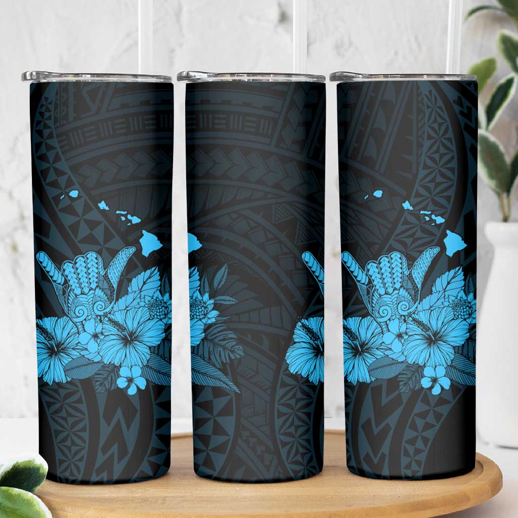Blue Hawaiian Hibiscus Shaka Sign Skinny Tumbler