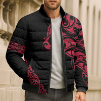 All Black Maori Tribal Tattoo Personalised Bomber Puffer Jacket Classic Red Polynesian Style - Polynesian Pride