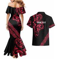 All Black Maori Tribal Tattoo Personalised Couples Matching Mermaid Dress and Hawaiian Shirt Classic Red Polynesian Style - Polynesian Pride