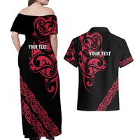 All Black Maori Tribal Tattoo Personalised Couples Matching Off Shoulder Maxi Dress and Hawaiian Shirt Classic Red Polynesian Style - Polynesian Pride