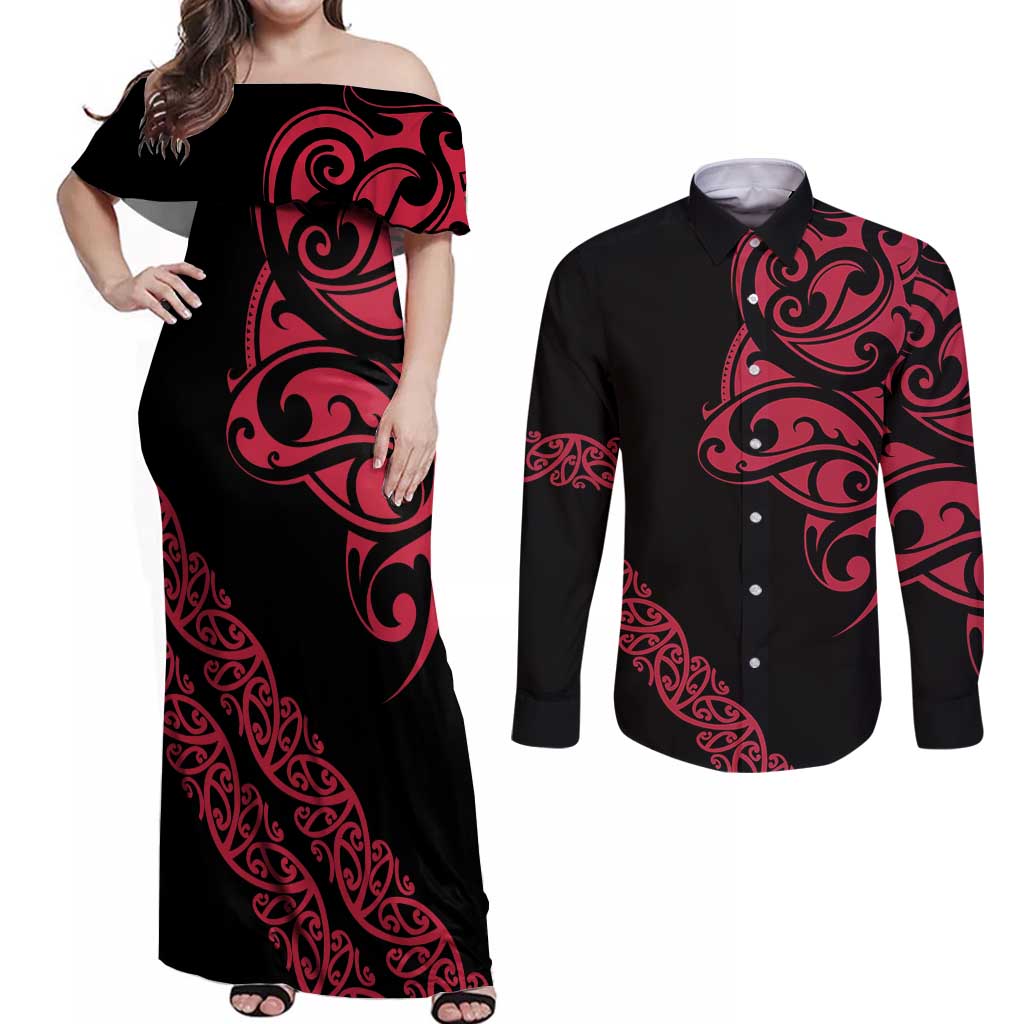 All Black Maori Tribal Tattoo Personalised Couples Matching Off Shoulder Maxi Dress and Long Sleeve Button Shirt Classic Red Polynesian Style - Polynesian Pride