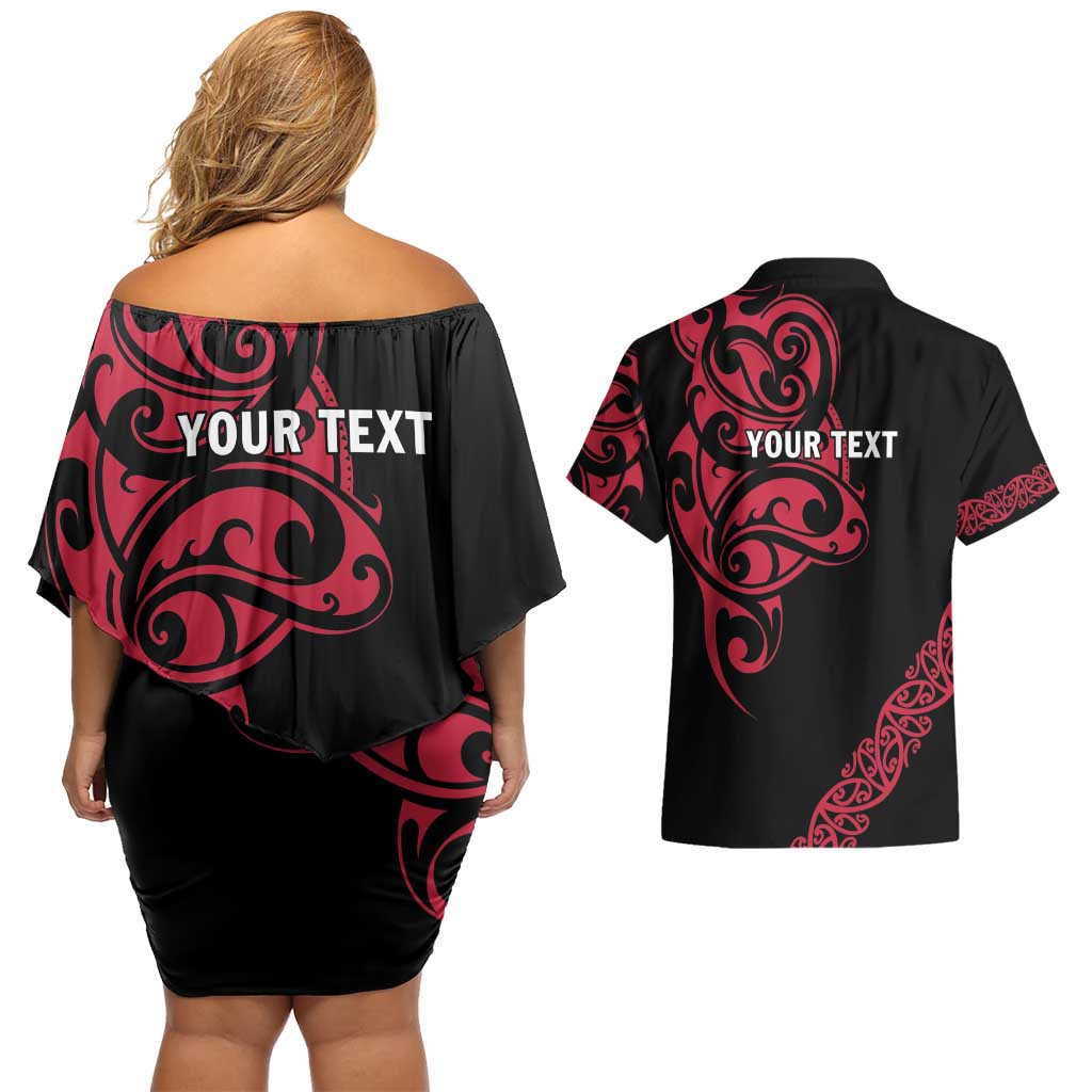 All Black Maori Tribal Tattoo Personalised Couples Matching Off Shoulder Short Dress and Hawaiian Shirt Classic Red Polynesian Style - Polynesian Pride