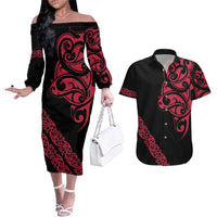 All Black Maori Tribal Tattoo Personalised Couples Matching Off The Shoulder Long Sleeve Dress and Hawaiian Shirt Classic Red Polynesian Style - Polynesian Pride