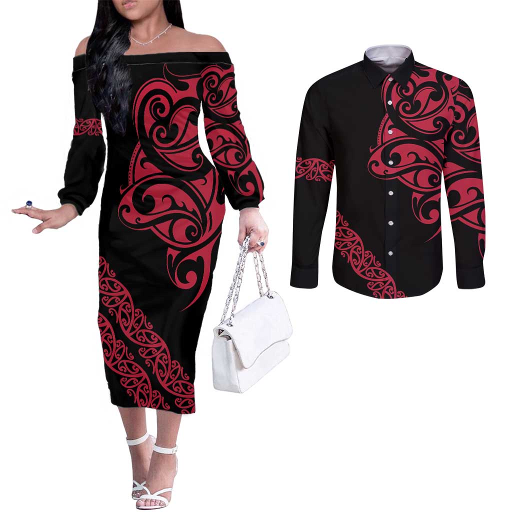 All Black Maori Tribal Tattoo Personalised Couples Matching Off The Shoulder Long Sleeve Dress and Long Sleeve Button Shirt Classic Red Polynesian Style - Polynesian Pride