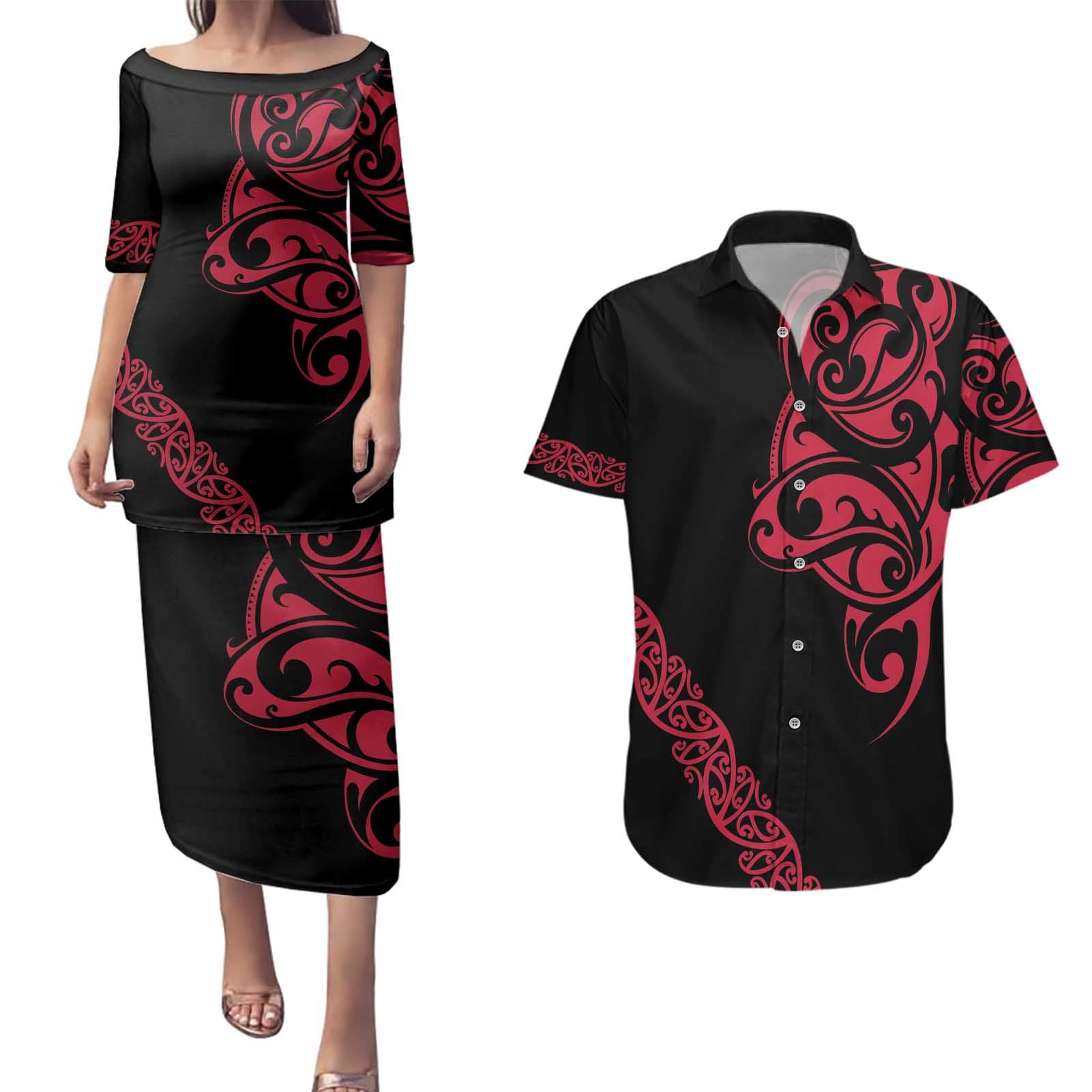 All Black Maori Tribal Tattoo Personalised Couples Matching Puletasi and Hawaiian Shirt Classic Red Polynesian Style - Polynesian Pride