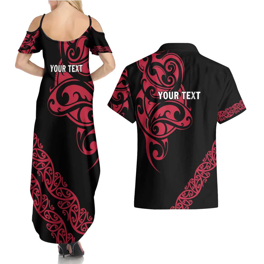 All Black Maori Tribal Tattoo Personalised Couples Matching Summer Maxi Dress and Hawaiian Shirt Classic Red Polynesian Style - Polynesian Pride