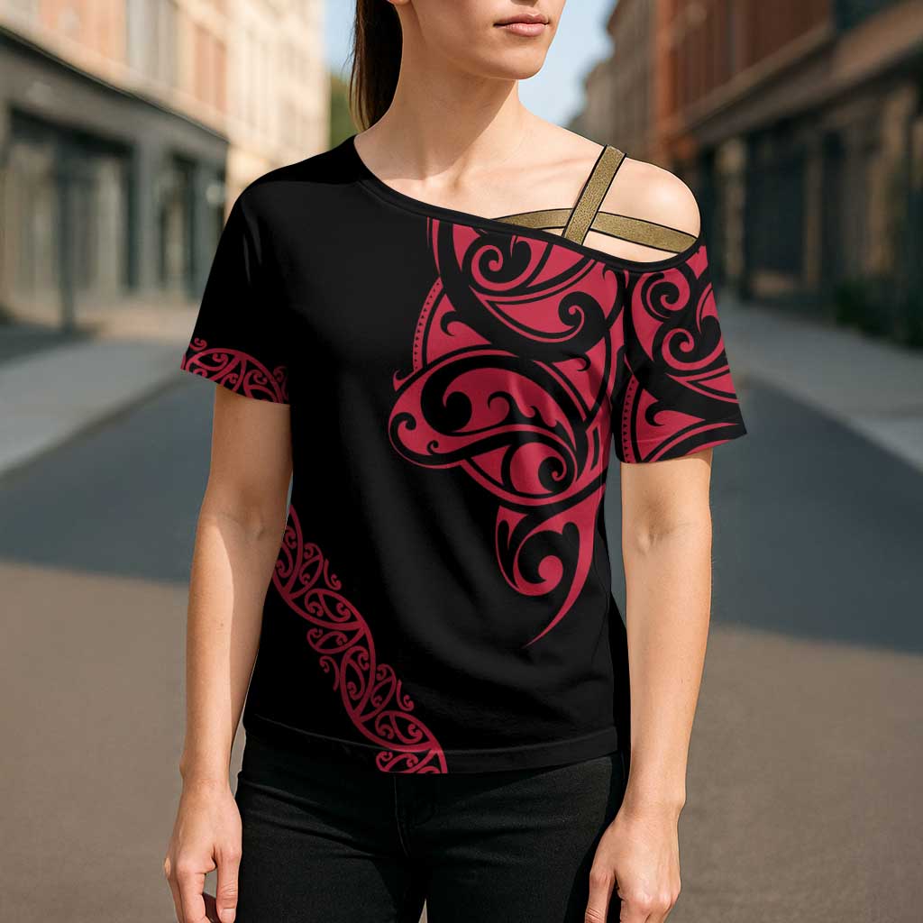 All Black Maori Tribal Tattoo Personalised Cross Shoulder Shirt Classic Red Polynesian Style - Polynesian Pride