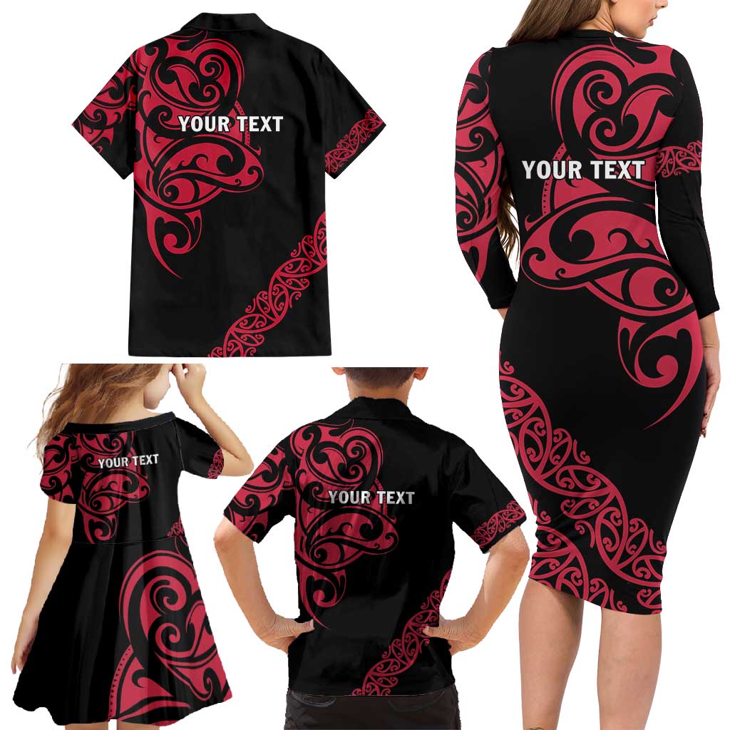 All Black Maori Tribal Tattoo Personalised Family Matching Long Sleeve Bodycon Dress and Hawaiian Shirt Classic Red Polynesian Style - Polynesian Pride