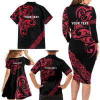 All Black Maori Tribal Tattoo Personalised Family Matching Long Sleeve Bodycon Dress and Hawaiian Shirt Classic Red Polynesian Style - Polynesian Pride