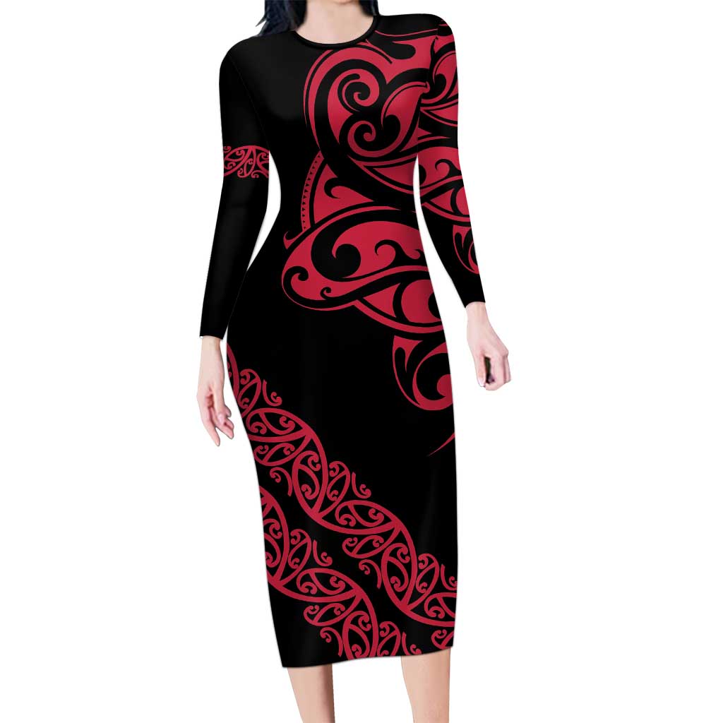 All Black Maori Tribal Tattoo Personalised Family Matching Long Sleeve Bodycon Dress and Hawaiian Shirt Classic Red Polynesian Style - Polynesian Pride