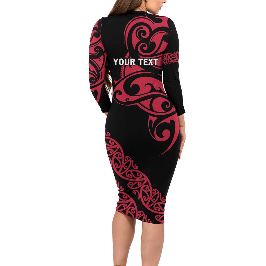 All Black Maori Tribal Tattoo Personalised Family Matching Long Sleeve Bodycon Dress and Hawaiian Shirt Classic Red Polynesian Style - Polynesian Pride