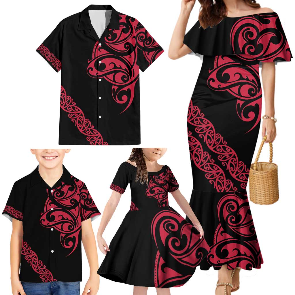 All Black Maori Tribal Tattoo Personalised Family Matching Mermaid Dress and Hawaiian Shirt Classic Red Polynesian Style - Polynesian Pride