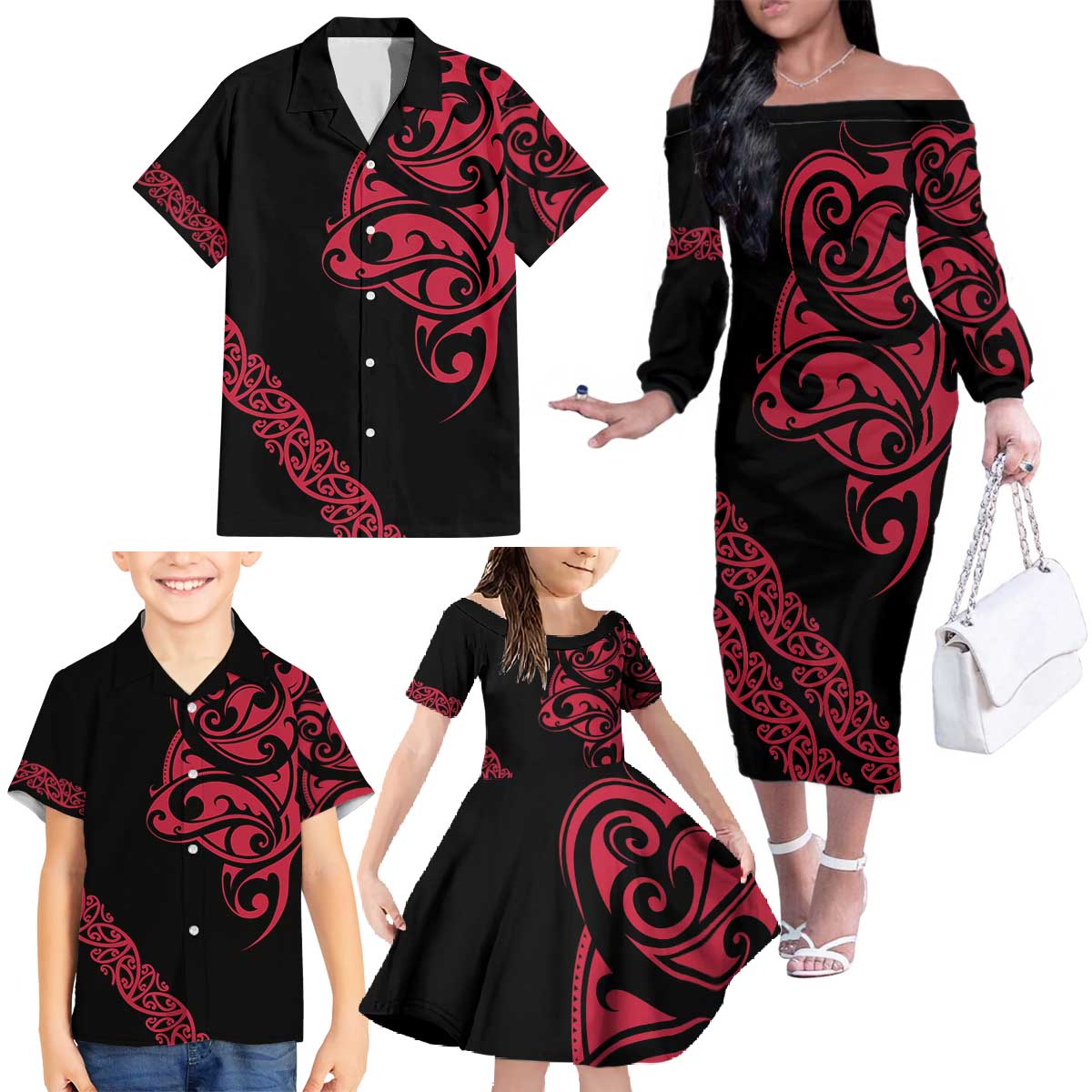 All Black Maori Tribal Tattoo Personalised Family Matching Off The Shoulder Long Sleeve Dress and Hawaiian Shirt Classic Red Polynesian Style - Polynesian Pride