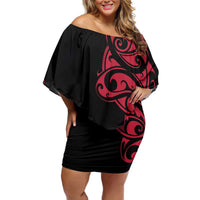 All Black Maori Tribal Tattoo Personalised Family Matching Off Shoulder Short Dress and Hawaiian Shirt Classic Red Polynesian Style - Polynesian Pride