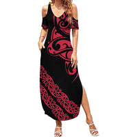 All Black Maori Tribal Tattoo Personalised Family Matching Summer Maxi Dress and Hawaiian Shirt Classic Red Polynesian Style - Polynesian Pride