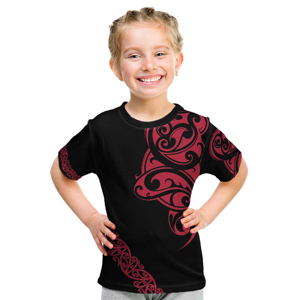All Black Maori Tribal Tattoo Personalised Kid T Shirt Classic Red Polynesian Style LT9 Red - Polynesian Pride