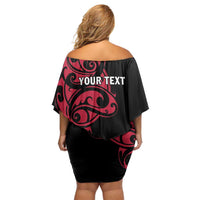 All Black Maori Tribal Tattoo Personalised Off Shoulder Short Dress Classic Red Polynesian Style - Polynesian Pride