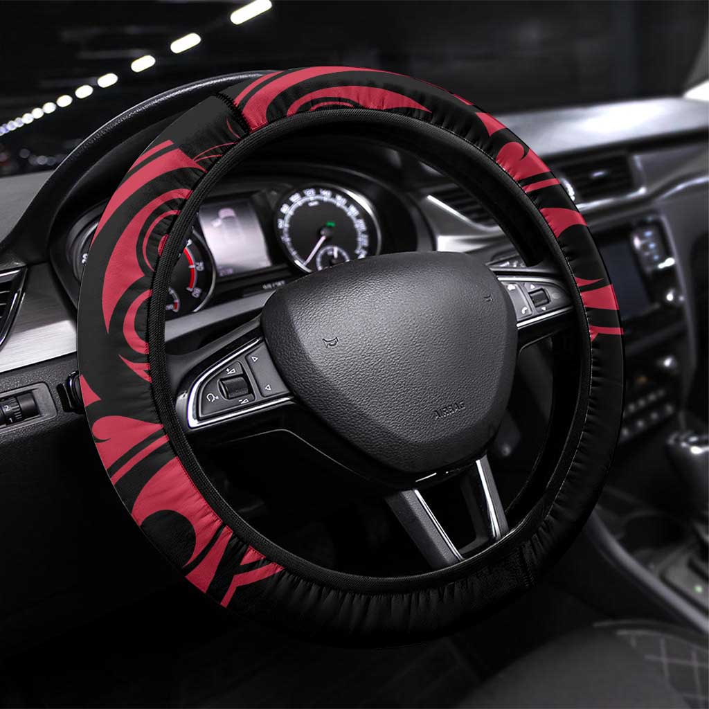 All Black Maori Tribal Tattoo Steering Wheel Cover Classic Red Polynesian Style LT9 Universal Fit Red - Polynesian Pride